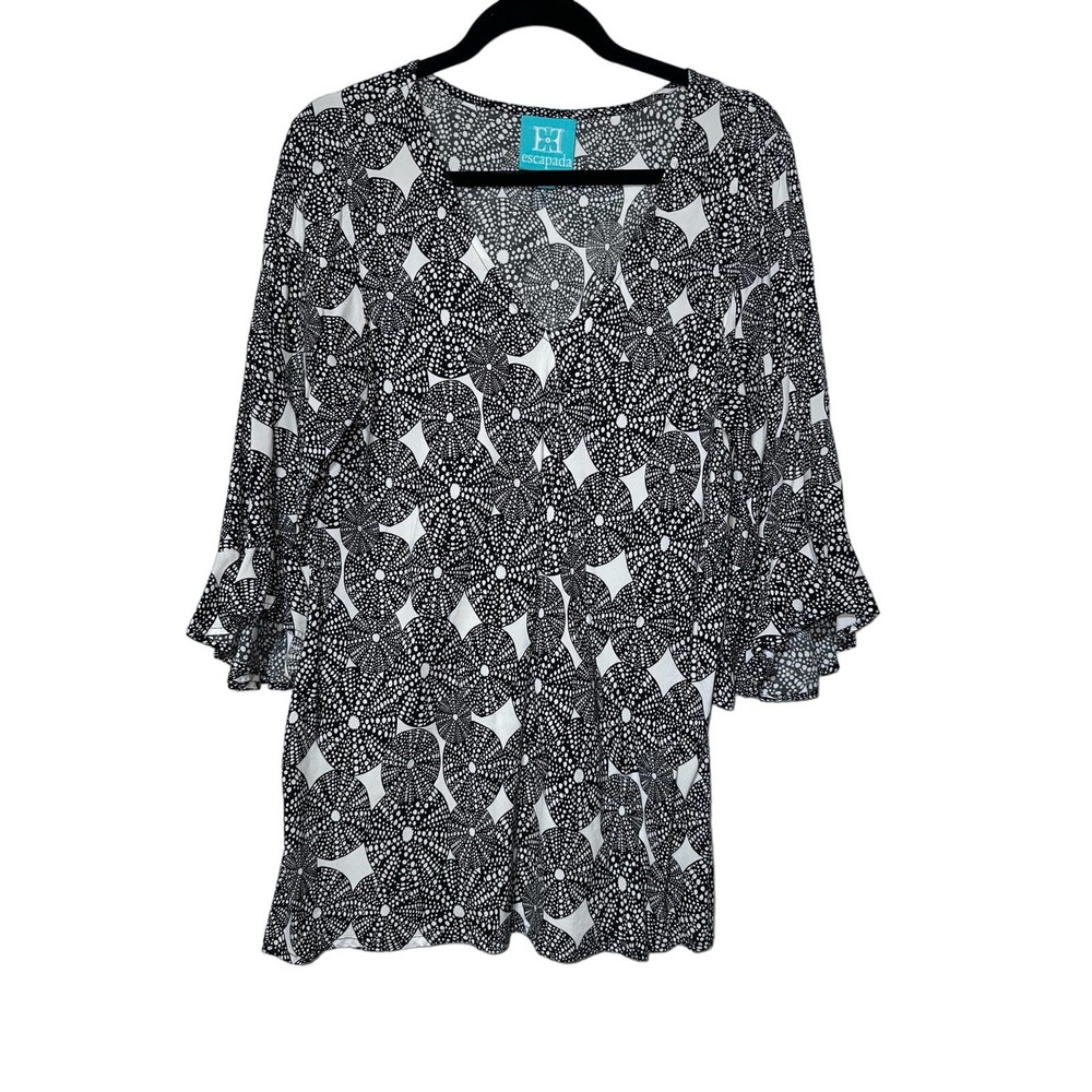 escapada Black print 3/4 flared sleeve tunic shirt size XL